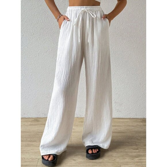 Cotton drawstring pants textured wide leg pants boho black - Picture 4 of 6